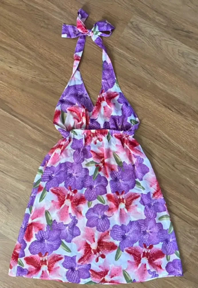 READ! Vintage Y2K Pure Silk Tropical Hibiscus Sheer Halter Mini Slip Dress