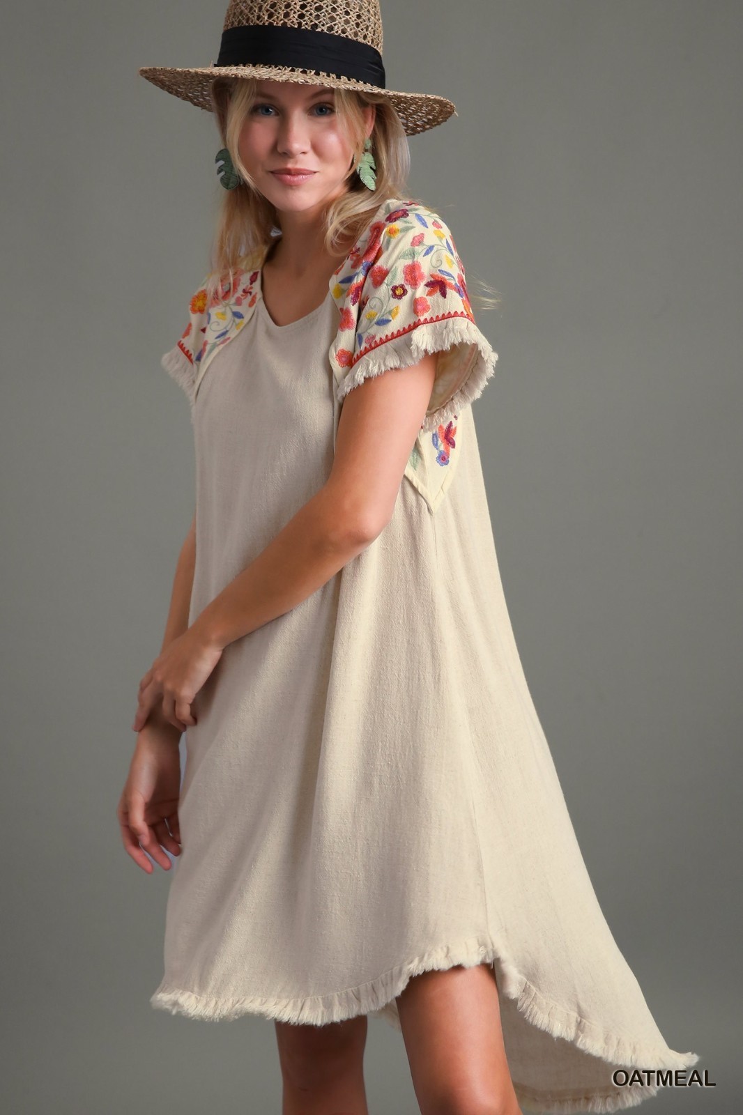 Umgee Oatmeal Linen Blend Short Embroidered Sleeve Hi Lo Dress with Pockets