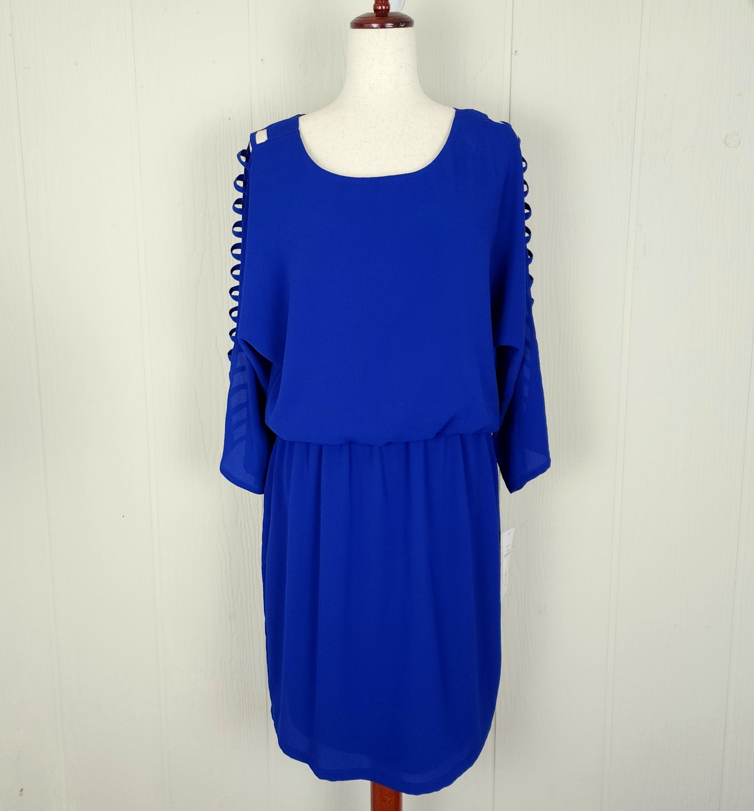NWT Ivy Lane Cut Out Cold Shoulder Sleeve Dress Size L Blue Elastic Waist Lined