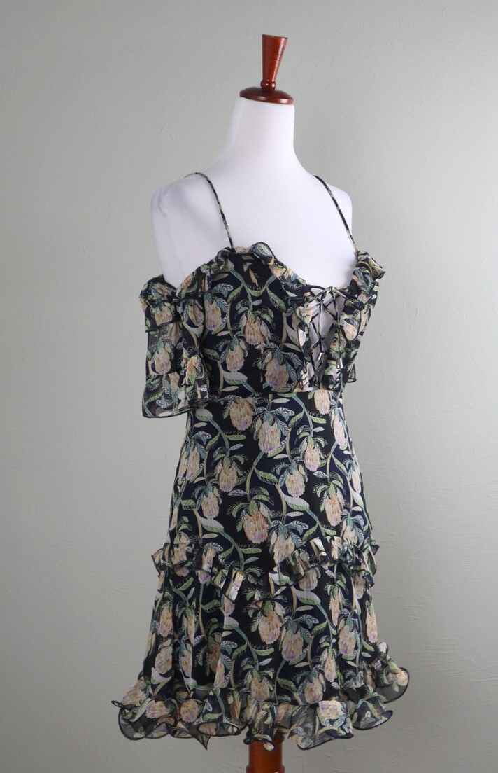 SELFIE LESLIE NWT Navy Ruffle Structured Floral Lace UpMini Dress Size Medium