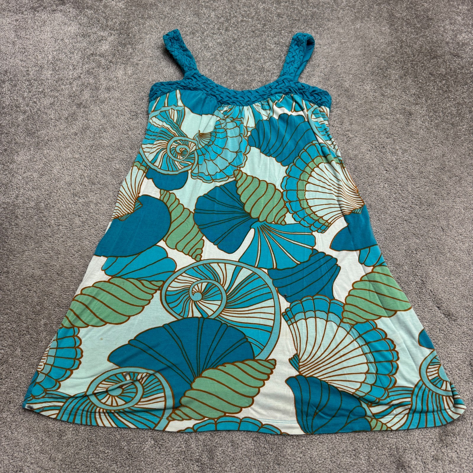 Tori Richard Sea Shell Mini Sun Dress Womens Small Blue Green Braided Strap Boho