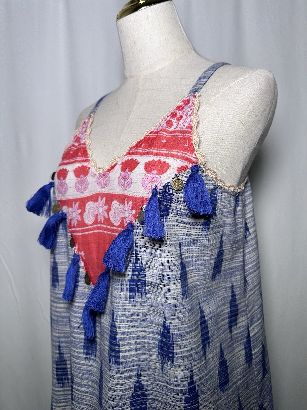 THML Shift Slip On Dress Large Cotton Spaghetti Boho Festival Hippie Tassells