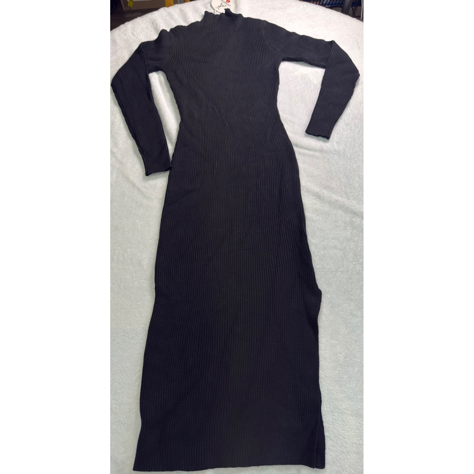 Anrabess Black Ribbed Mock Turtleneck Long Sleeve Midi Dress Knit Small