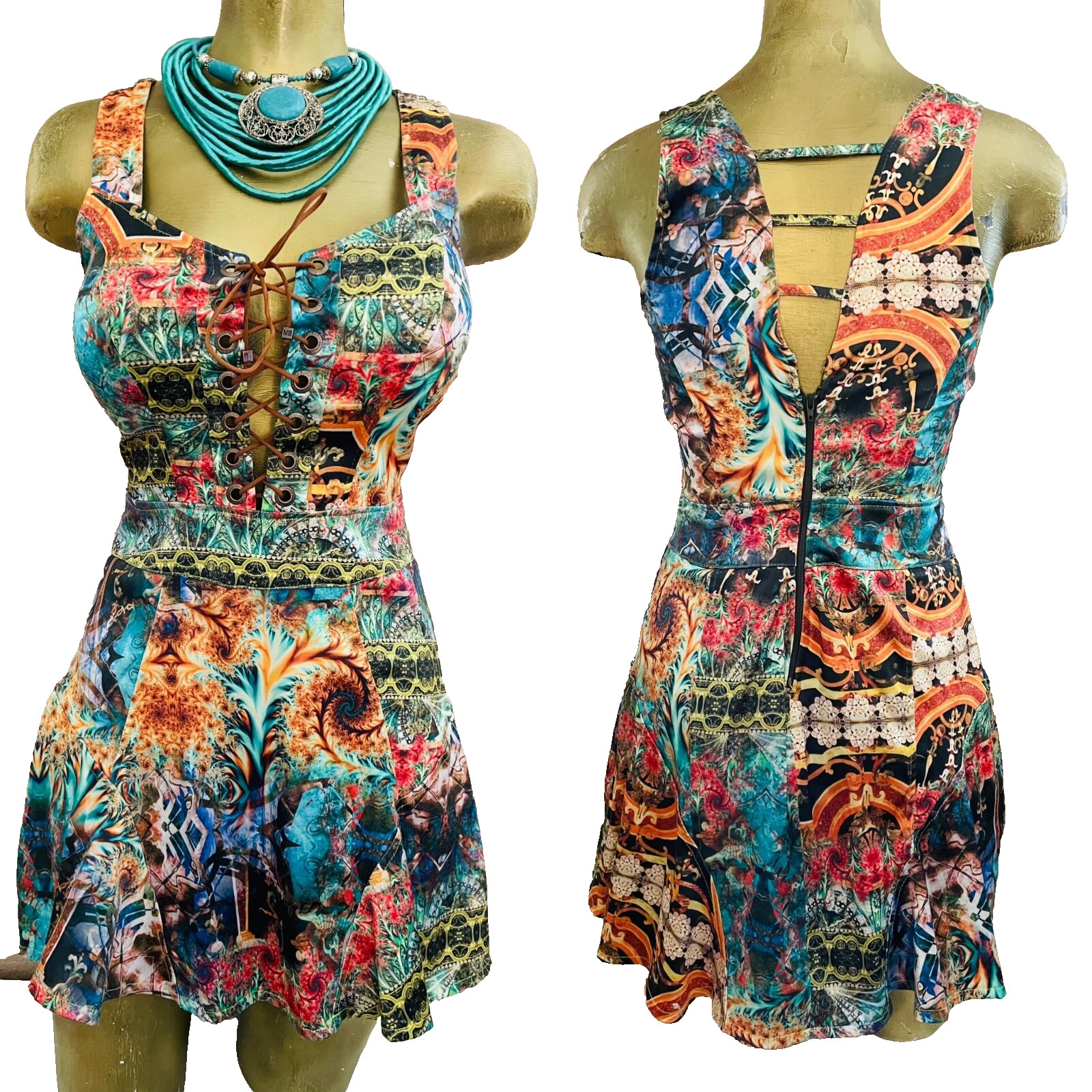 Monda Belle BRAZIL Fabulous LACE-UP Baroque Mini DRESS Size P
