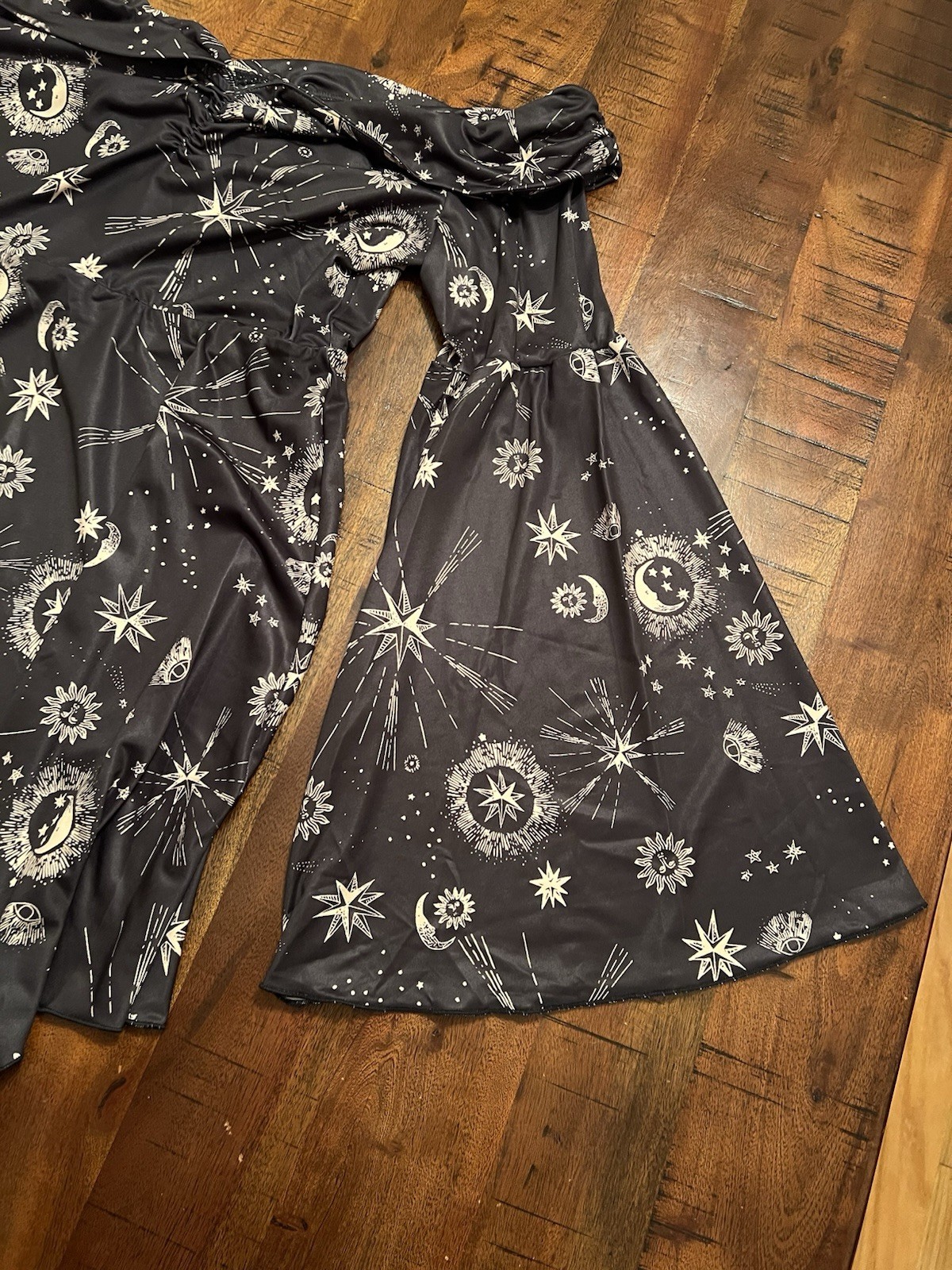 Womens XL Celestial Moon Stars Sun Off Shoulder Mini Dress Bell Sleeve Goth Boho