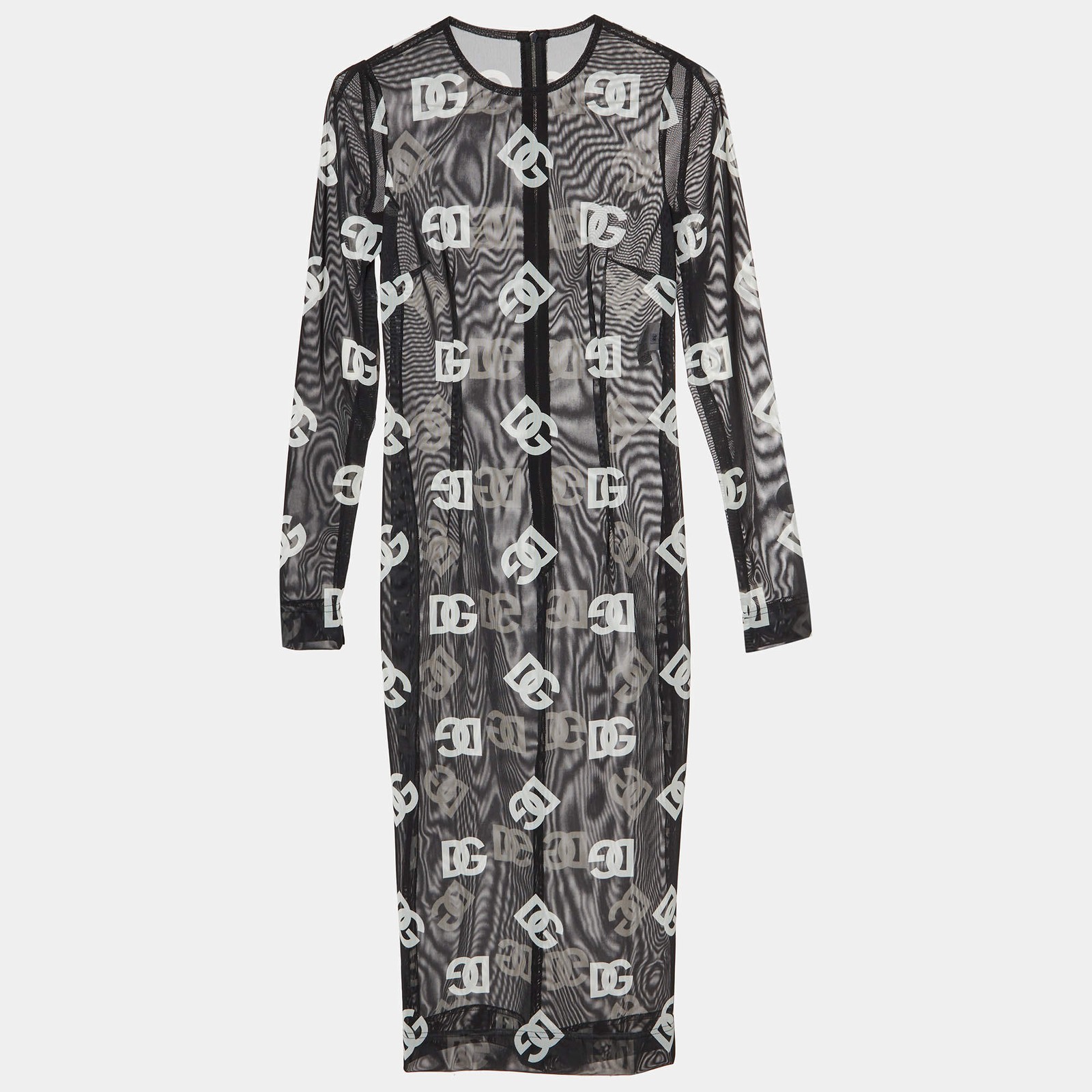 Dolce Gabbana BlackWhite Logo Print Mesh Midi Dress S