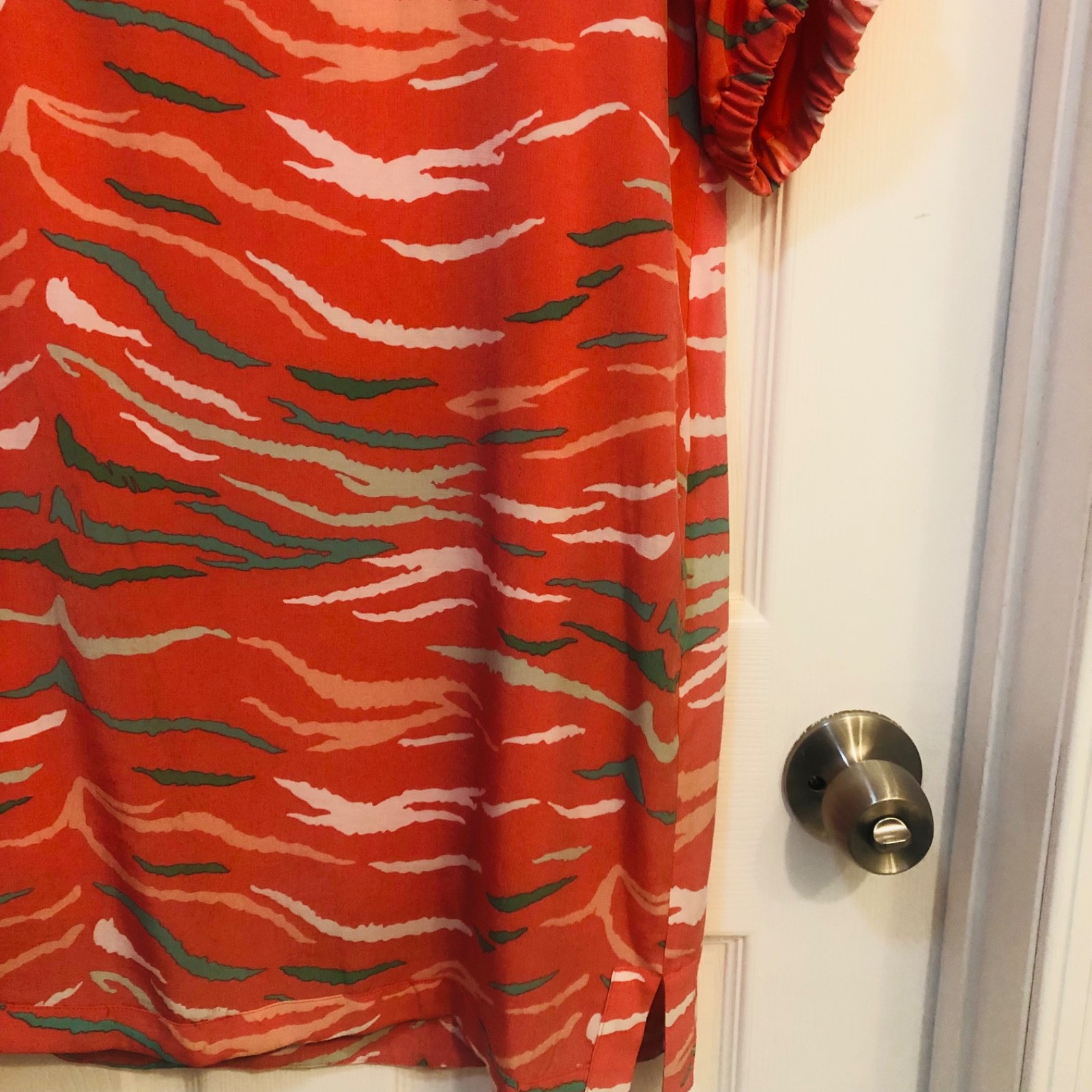 Emily McCarthy Tiger Print Poppy Dress Coral Pink Puff Sleeve Resort Mini Dress