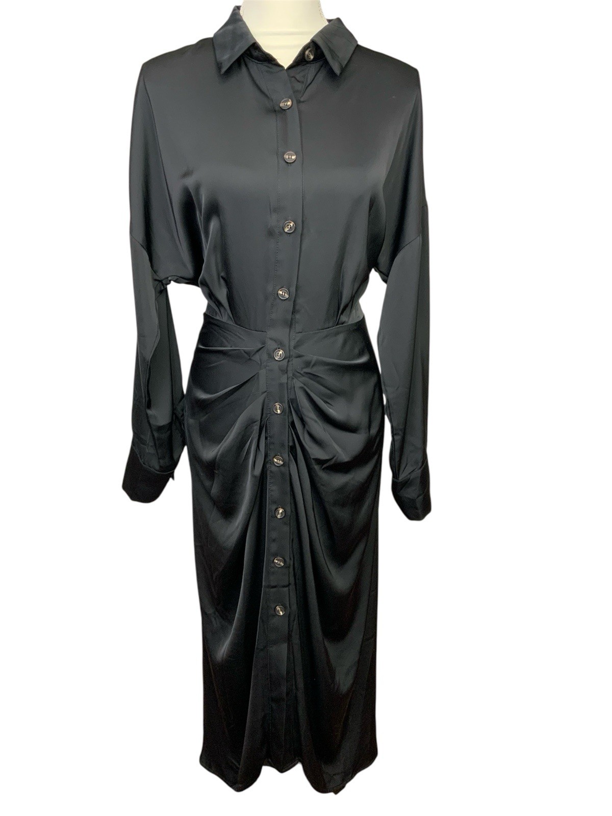 Black Satin Button Down Draped Front Tie Back Midi Shirt Dress Sz Large