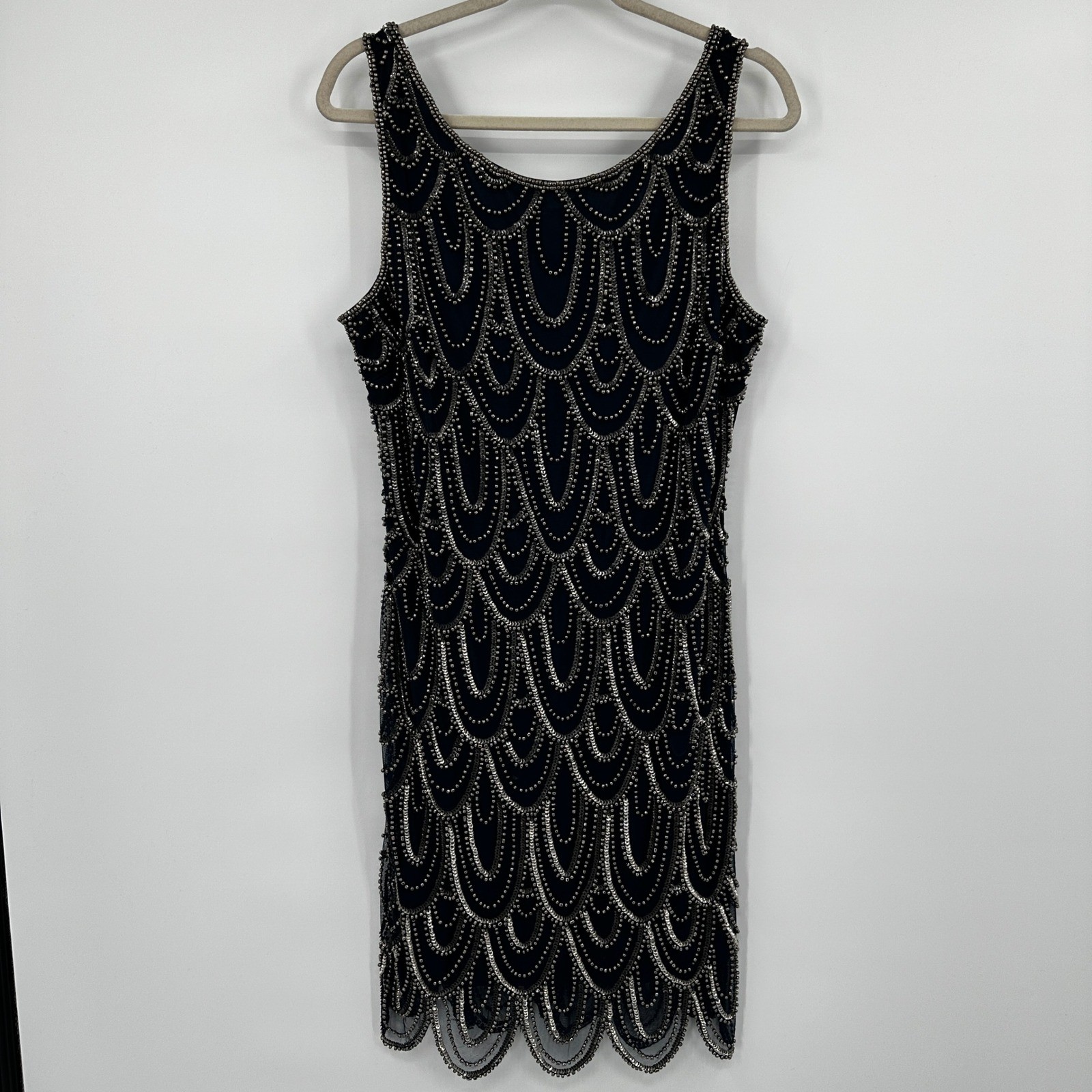 Pisarro Nights Black Beaded Sequin Flapper Dress Art Deco Style Size 14 Cocktail