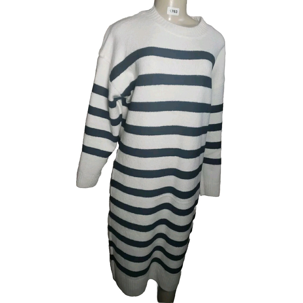 Primark Stripe Sweater Acrylic Dress Wool Black Ivory Medium Pullover Unlined