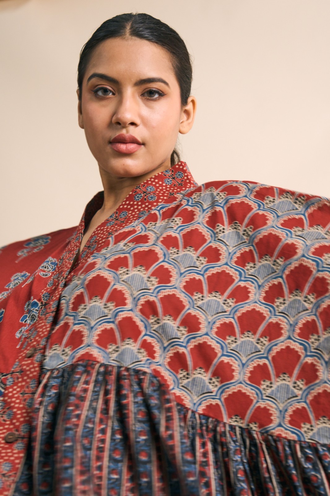 Patchwork Hand-Block Printed Cotton Kaftan Dress: Bohemian Red & Blue