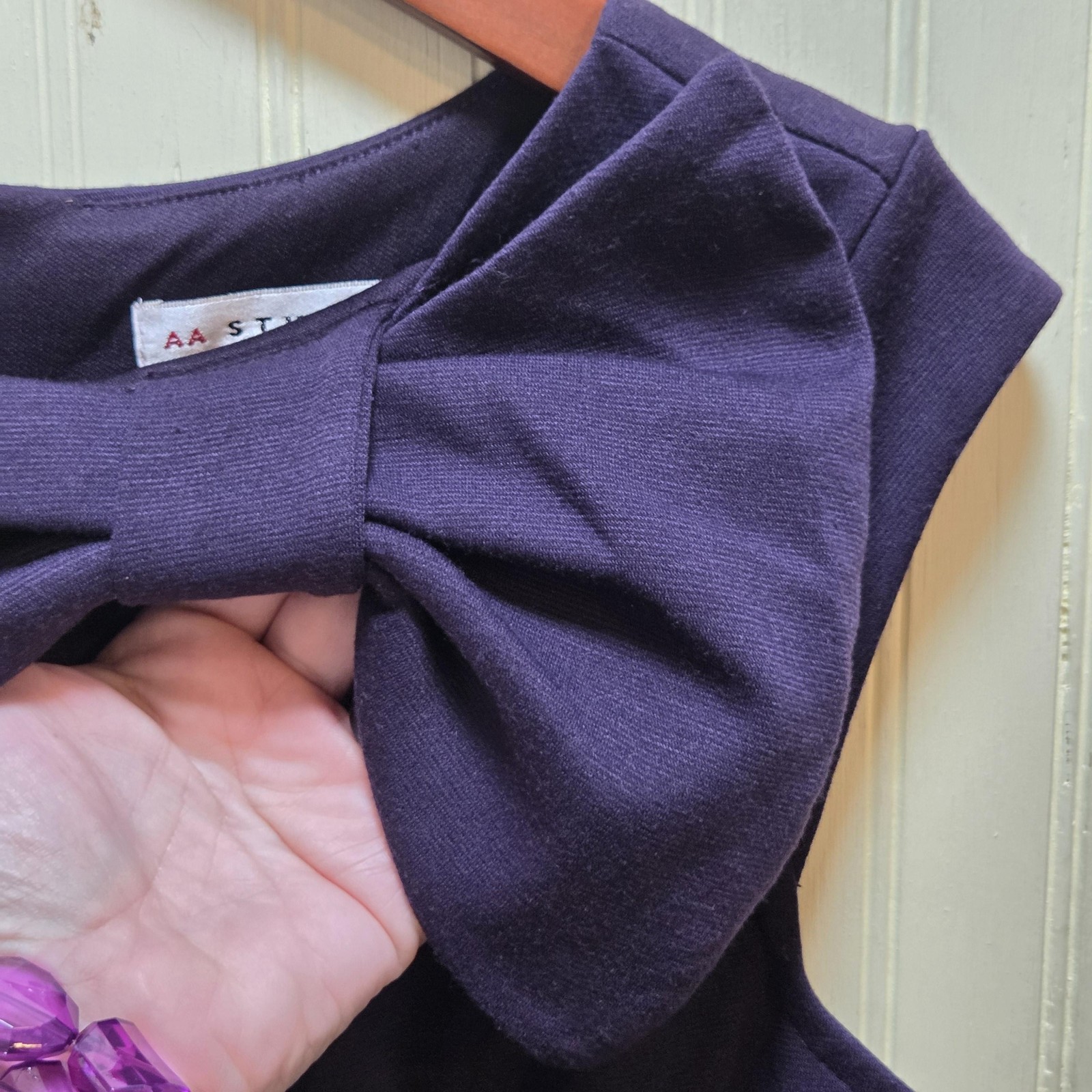 AA Studio Dress Womens 6 Purple Solid Sleeveless Boat Neck Bow Sheath Knee