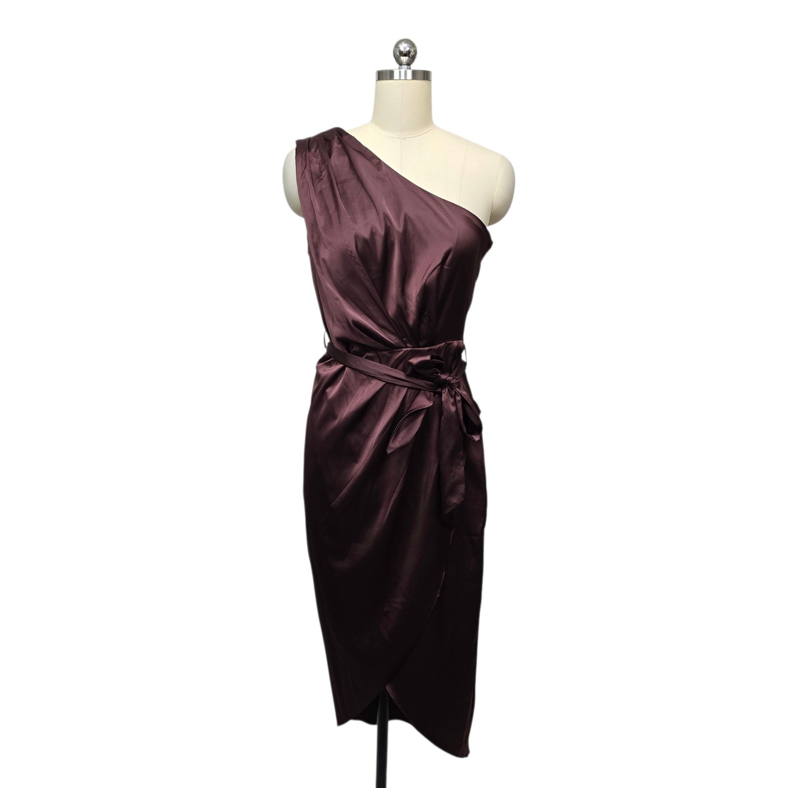 NWT Baltic Born Celia One Shoulder Midi Dress Clove Brown Wrap Tie Size Medium