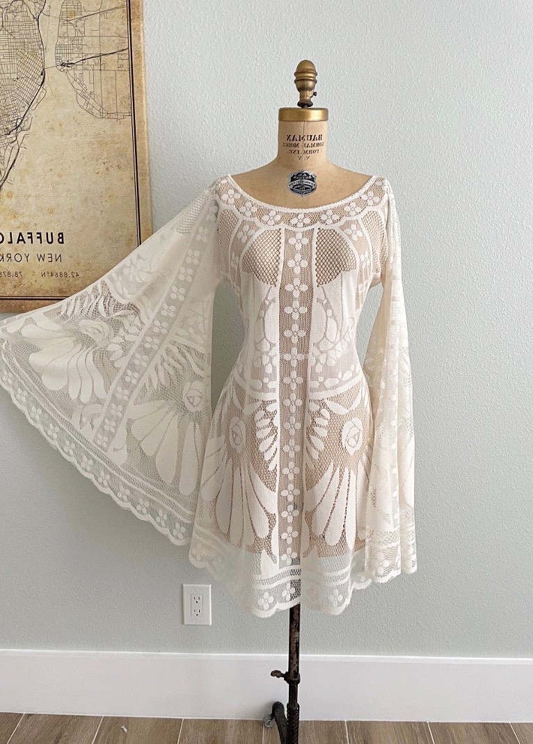 Lace Boho Wedding Dress with Bell Sleeves Elopement XS-3X