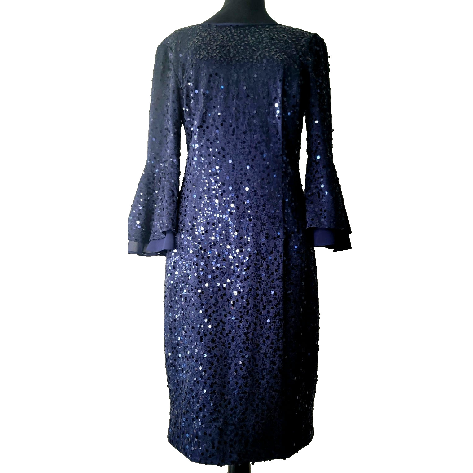 Navy Fully Sequined Ruffle Tiered 3/4 Sleeve Midi Dress SLNY Size 10