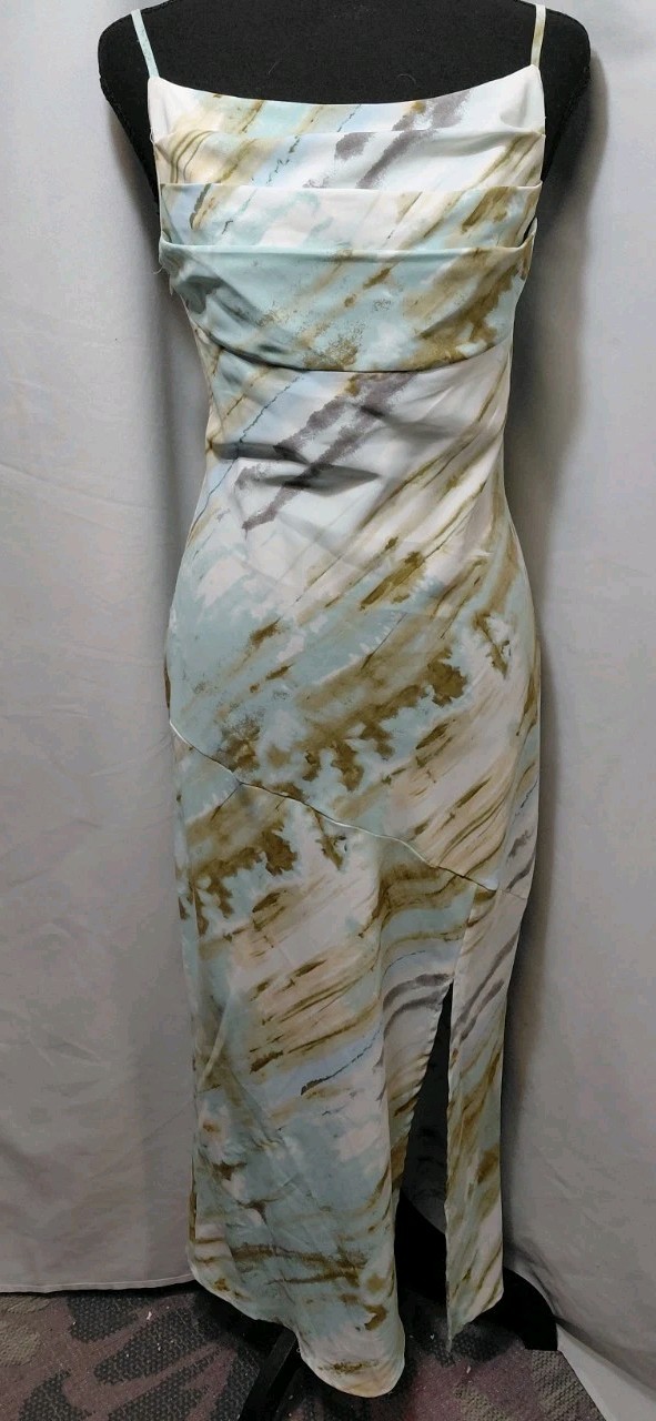 Multicolor Abstract Strappy Sleeveless Square Neck Slip Maxi Dress Side Slit