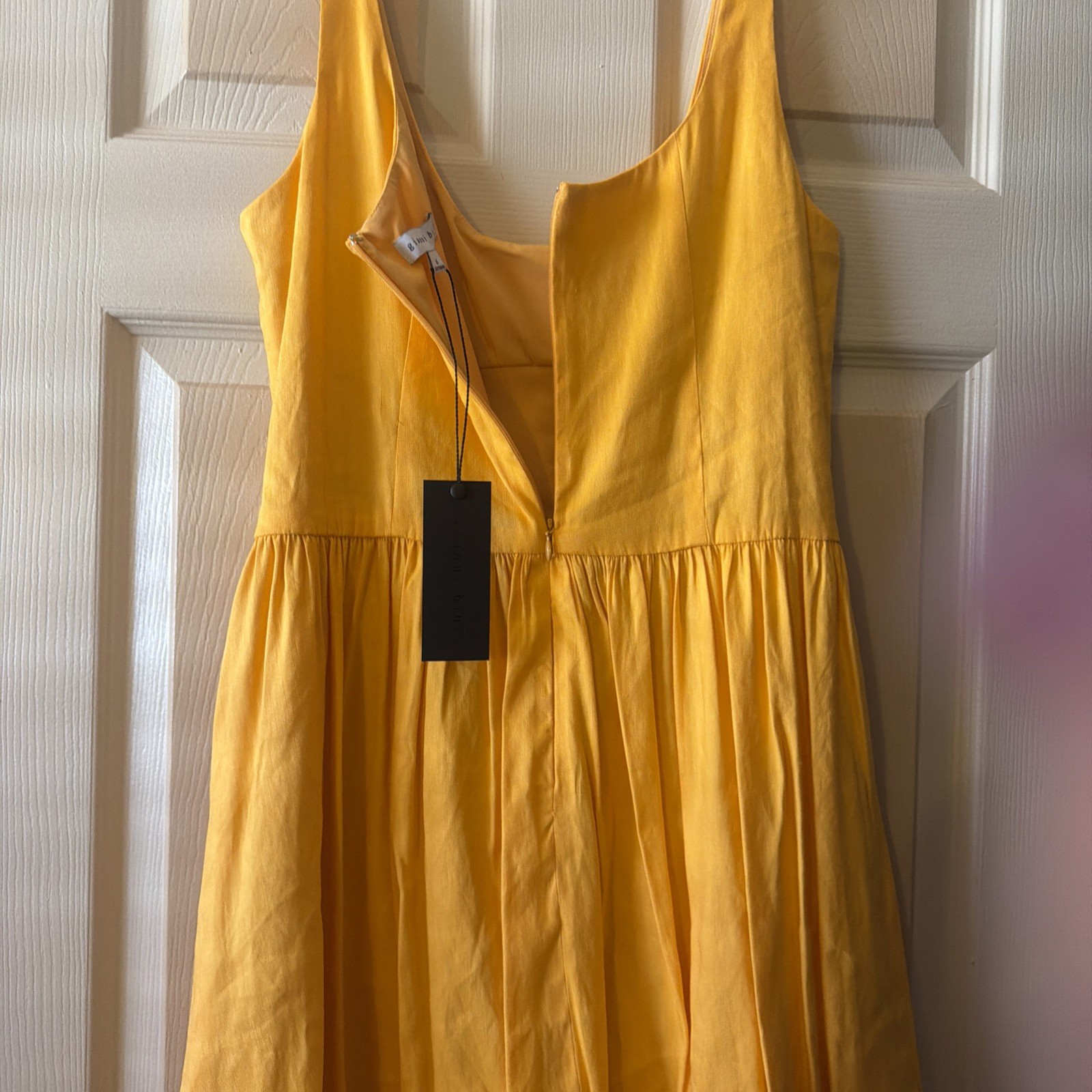 By Gianni Bini Mustard Color Short Sleeve Linen Dress With Bubble Hem