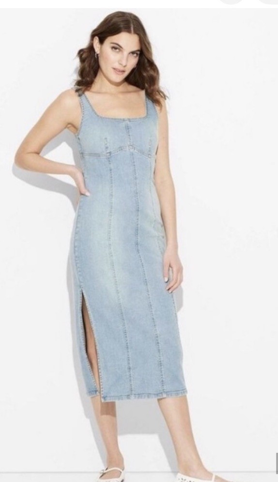 Wild Fable Women’s Blue Denim Midi Dress L Square Neck Side Slit Cotton