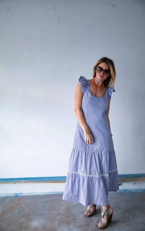 NWT Brooke Wright Cha Cha Maxi Dress Size Small Blue White Stripe Ruffled