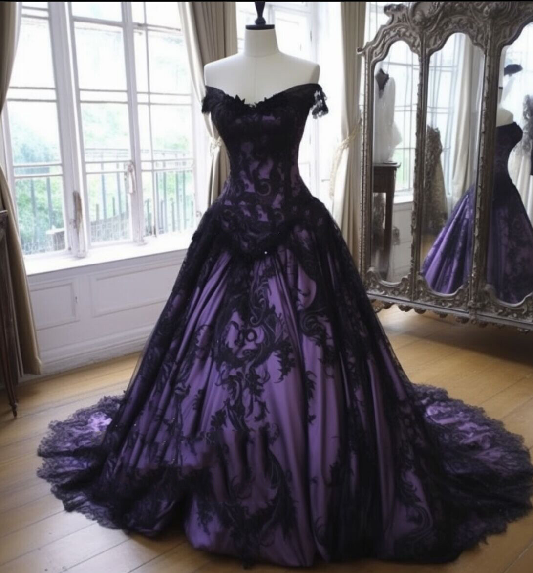 Gothic Black Purple Wedding Dresses Off the Shoulder Lace Appliques Bridal Gowns