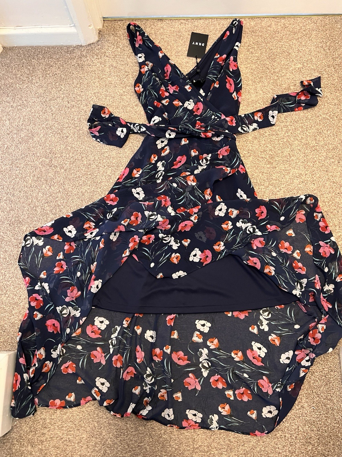 BNWT £135 DKNY Lined Blue Floral Chiffon Belted Party Cocktail Dress UK 6 US 2
