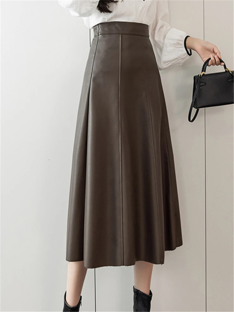 Seoulish black artificial polyurethane synthetic leather women’s A-shaped skirt