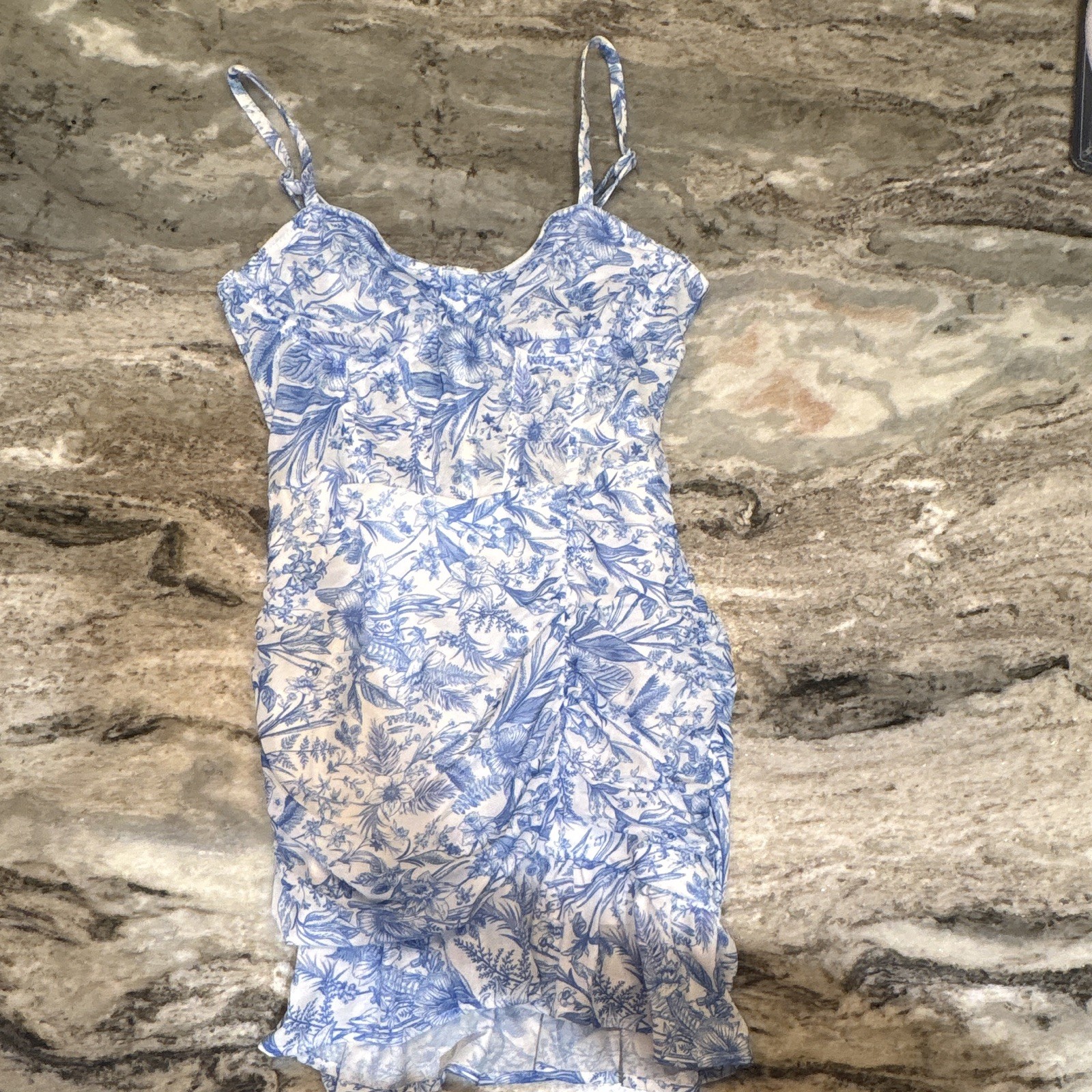 SHEIN Blue/White Floral Ruched Mesh Mini Bodycon Sweetheart Dress S