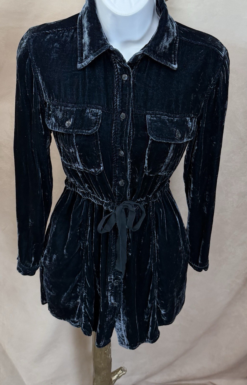 Coldwater Creek Blue Silk Blend Velvet Button Up Drawstring Dress Size XS (4)