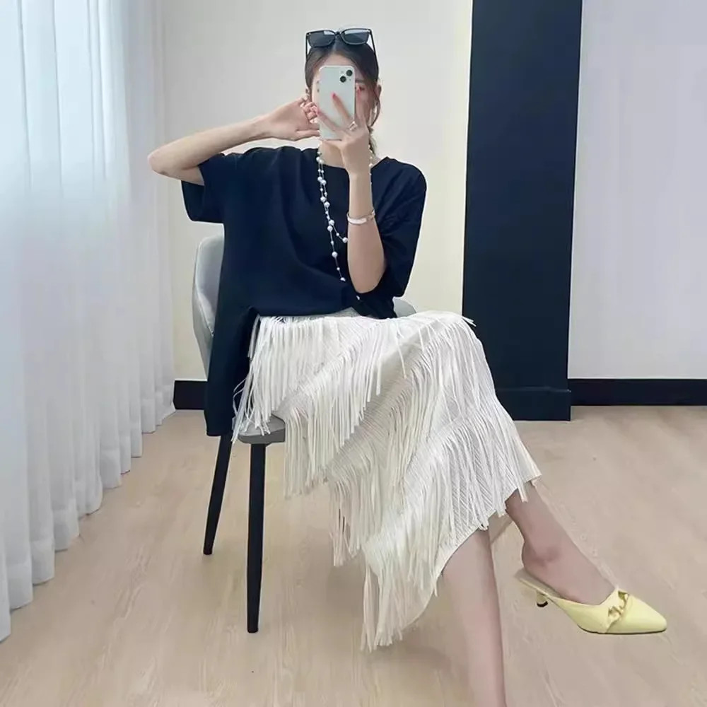 Multifunctional Slimming Tassel Cake Skirt Medium and Long Dress Elastic Waist D