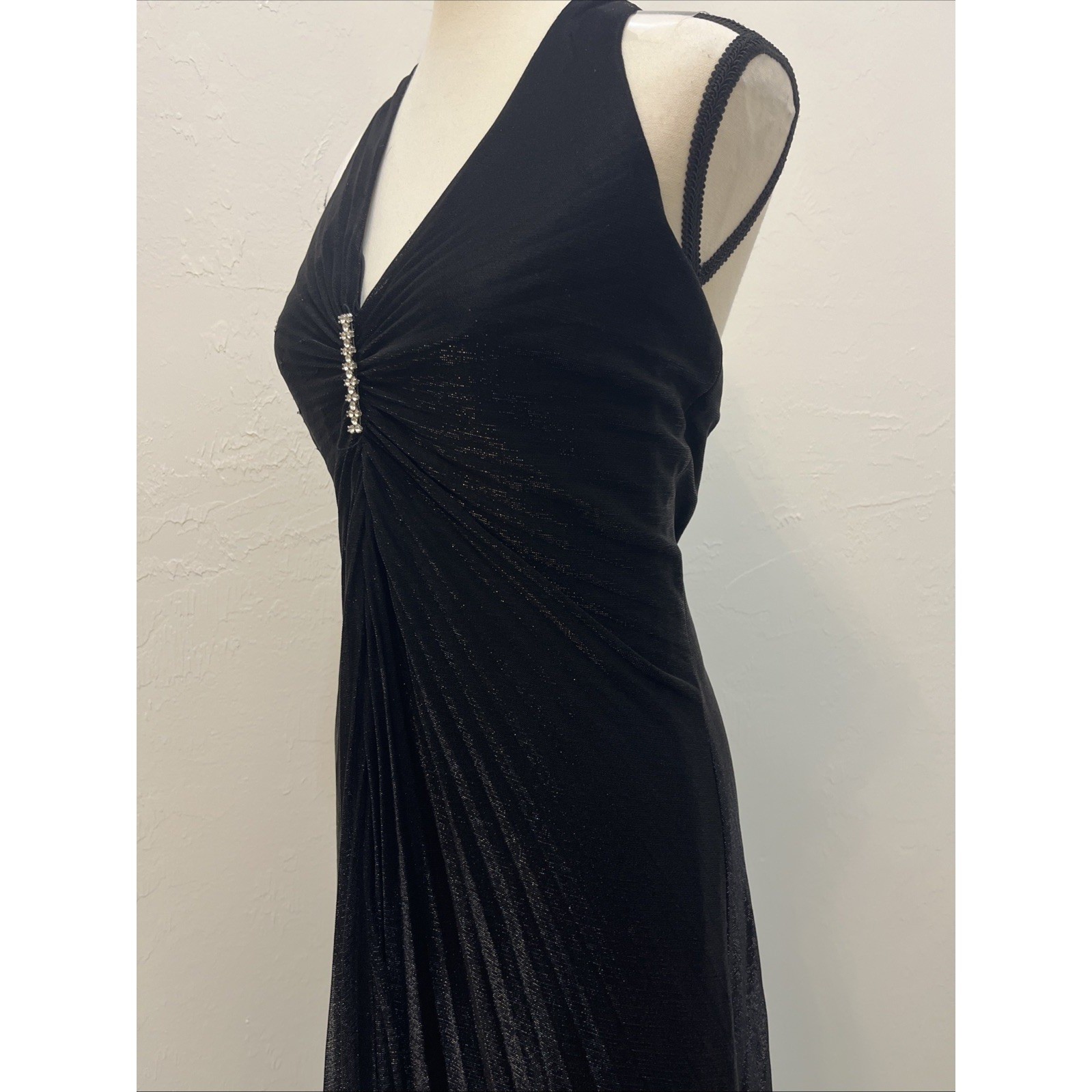 Cache Halter Gown Women 10 Black Excellent Metallic Pleated Rhinestone Formal
