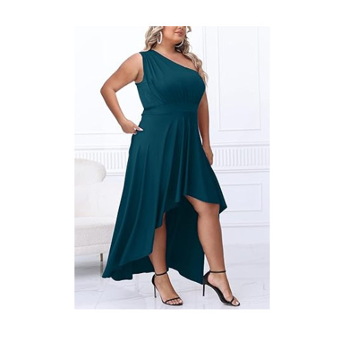 Ekaliy One Shoulder Maxi Dress for Curvy Women Hem Flowy Summer Dress Teal 3XL
