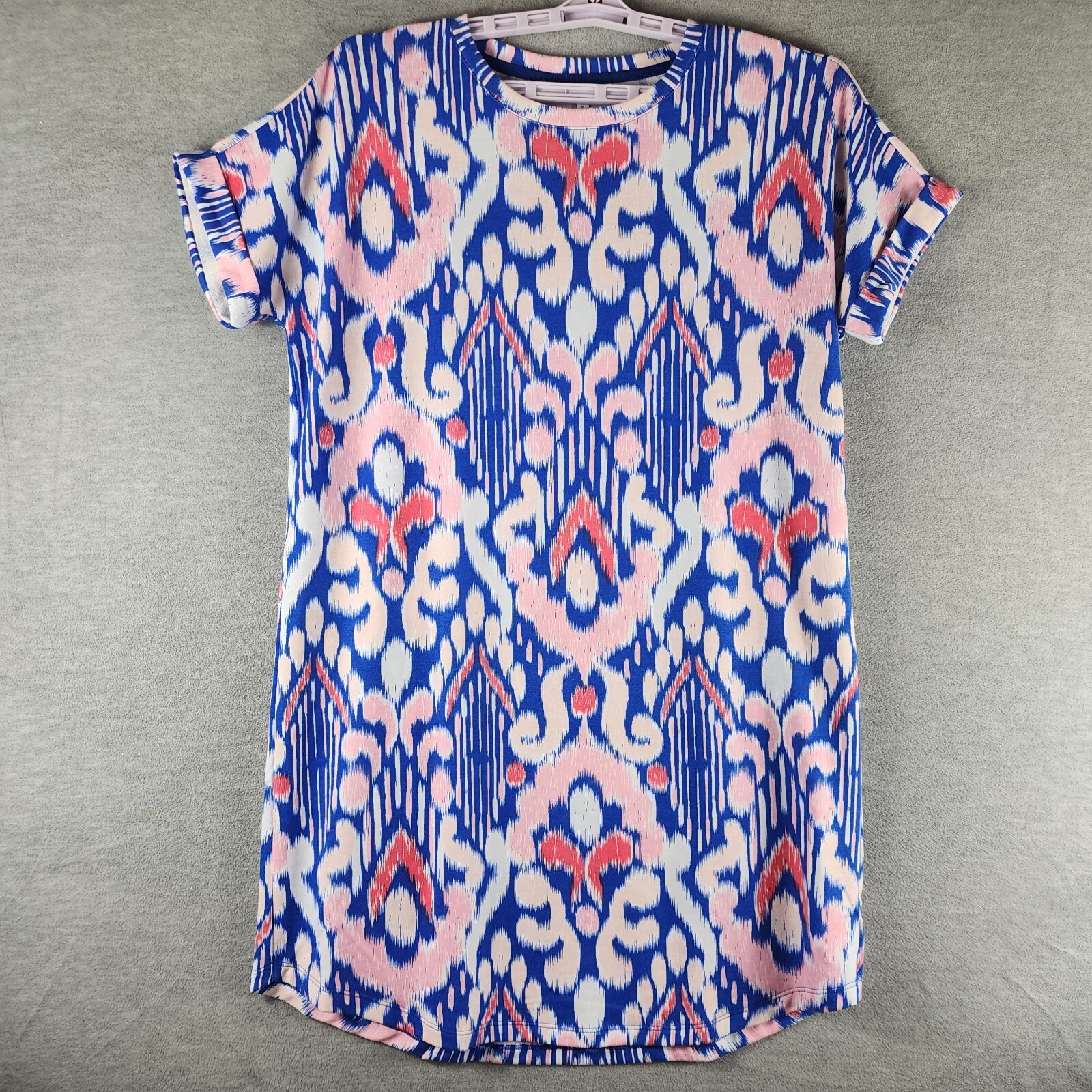 Crown an Ivy Woman Shift Bright Colorful AOP M Pink Blue White Cuff Sleeves