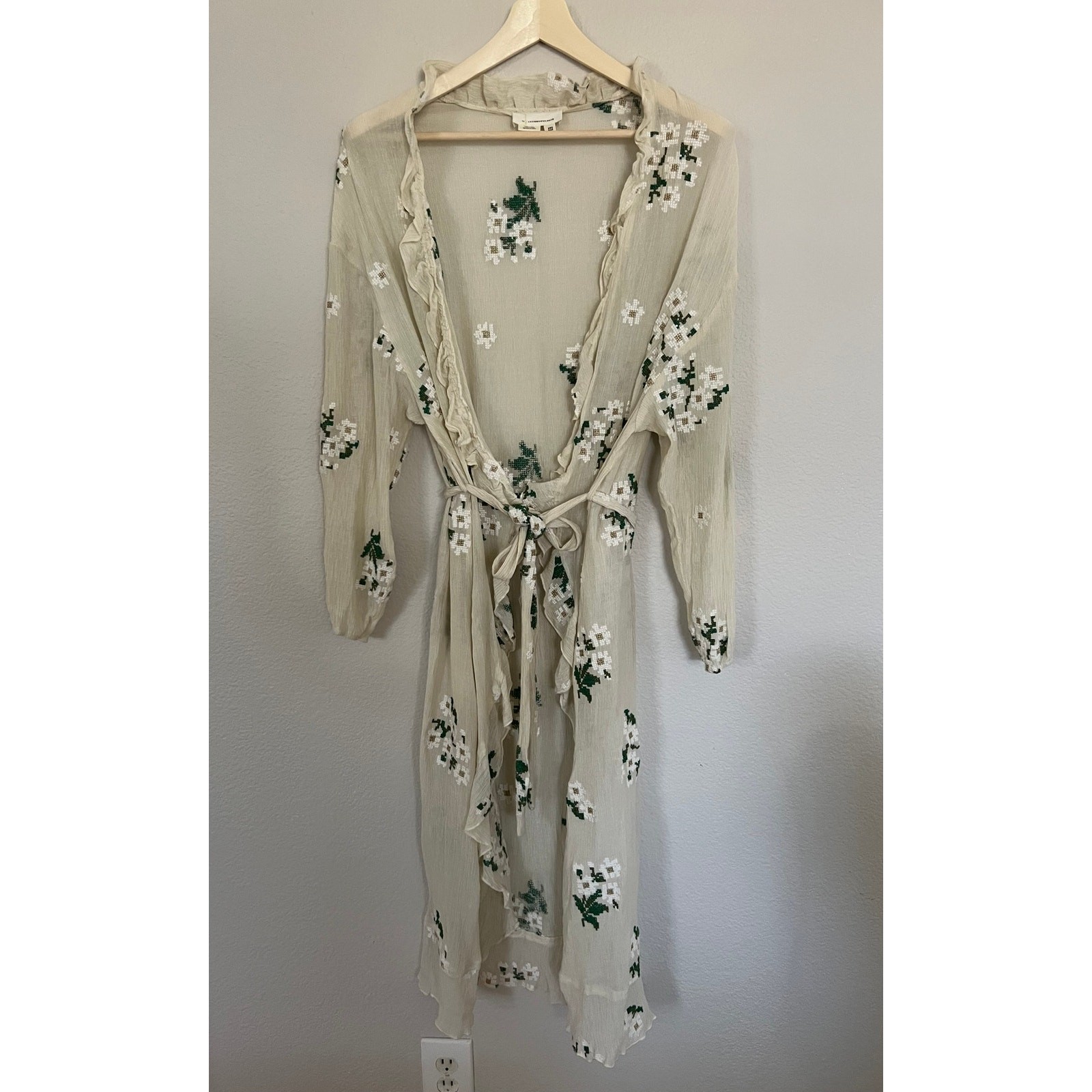 Anthropology Maxi Wrap Beige with Embroidered Flowers Ruffle Edges One Size