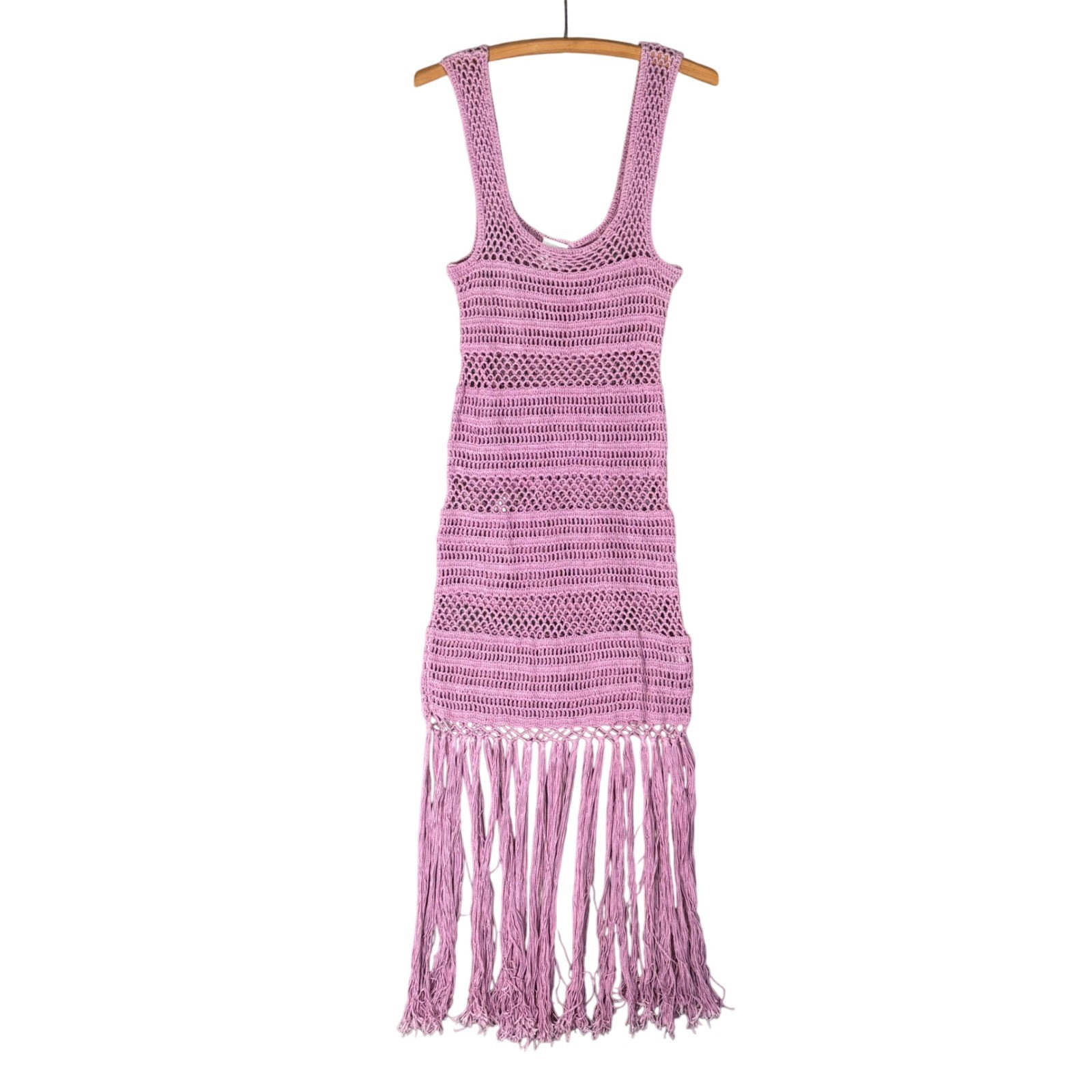 dRA Los Angeles Tropea Crochet Knit Fringe Maxi Dress S Cotton Boho Lavender