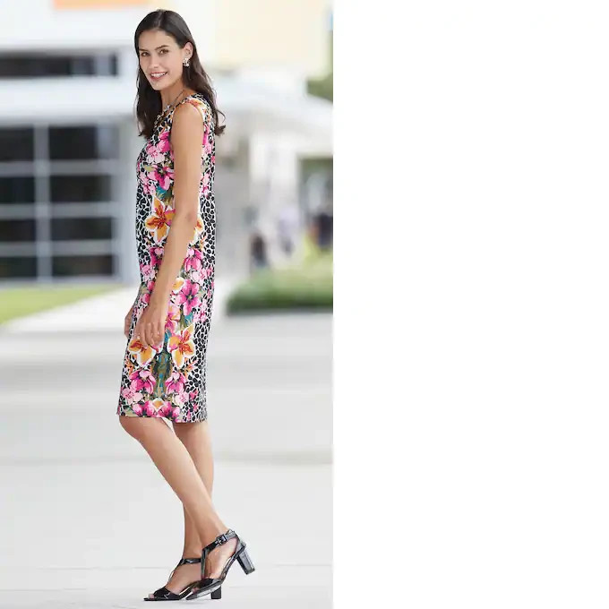 Size 2X PLUS Monroe and Main Black Pink Floral Side To Side Tropics Sheath Dress