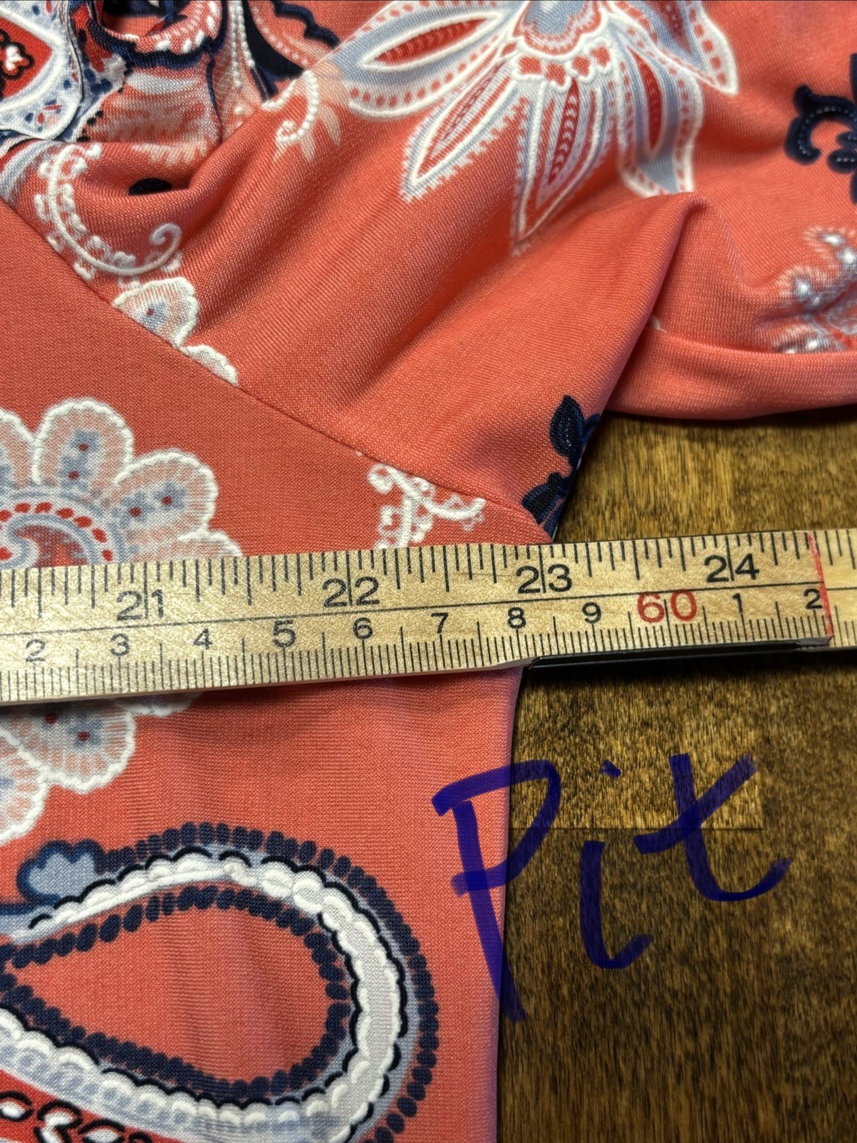 Studio One NY Coral Paisley Shift Dress Size XL Bell Sleeve Border Print Stretch