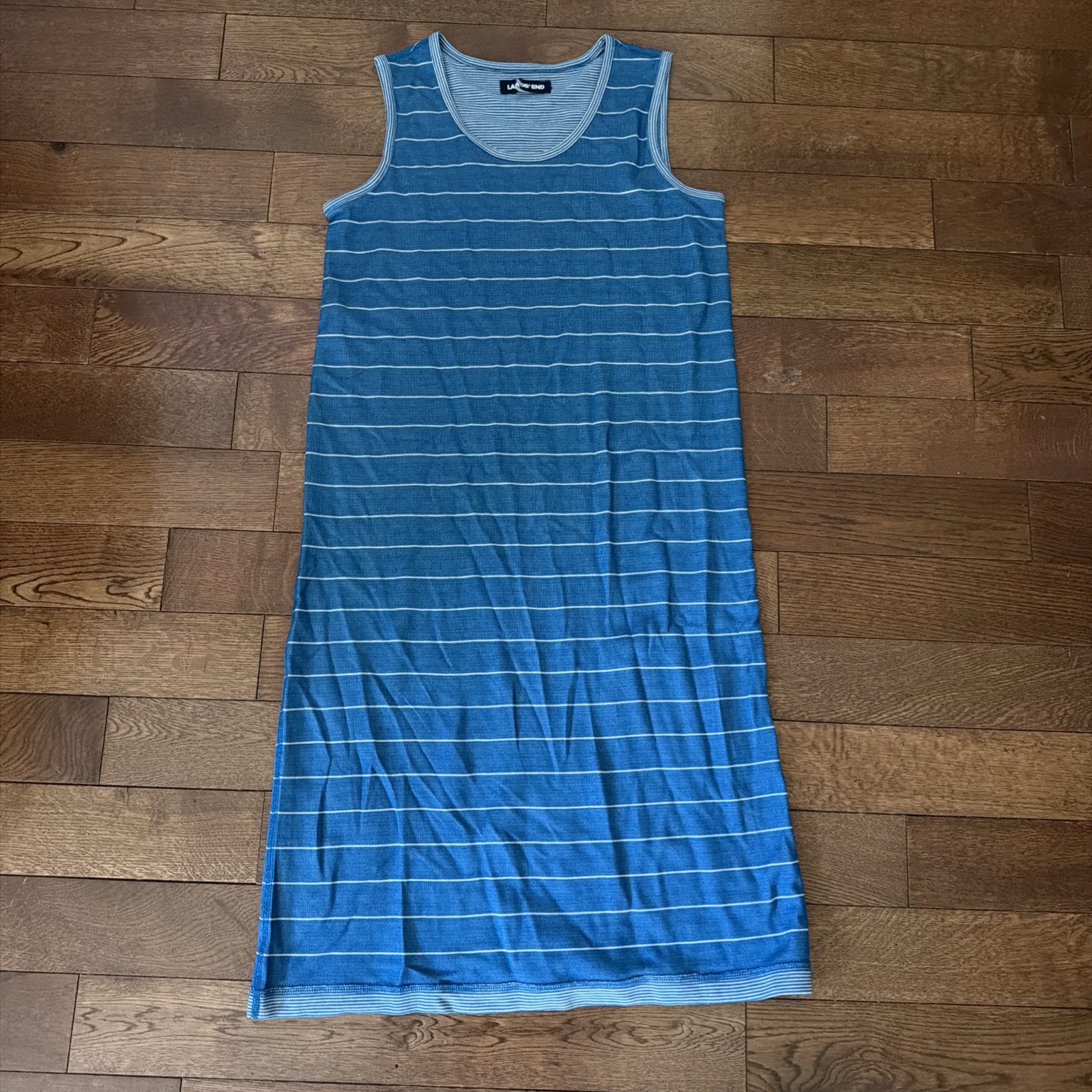 Lands’ End Shift Tank Dress Sleeveless Knit Striped Blue Reversible Size Small