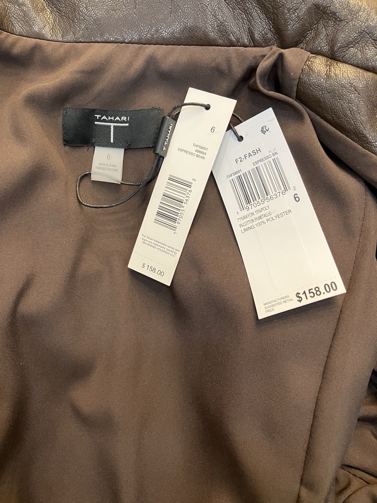 New T Tahari Espresso Vegan Leather Collared Belted Dress Gold Button/Buckle S/M