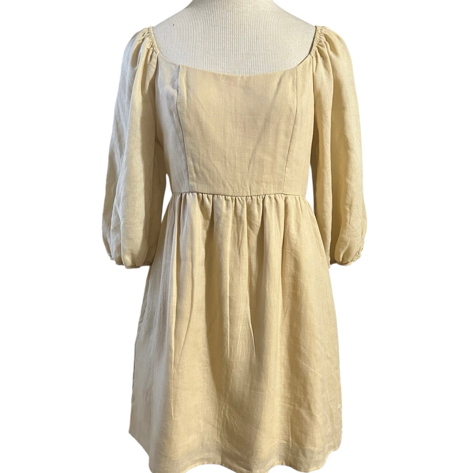 Every Size Small Beige Linen Blend Puff Sleeve Mini Dress Cottagecore Boho