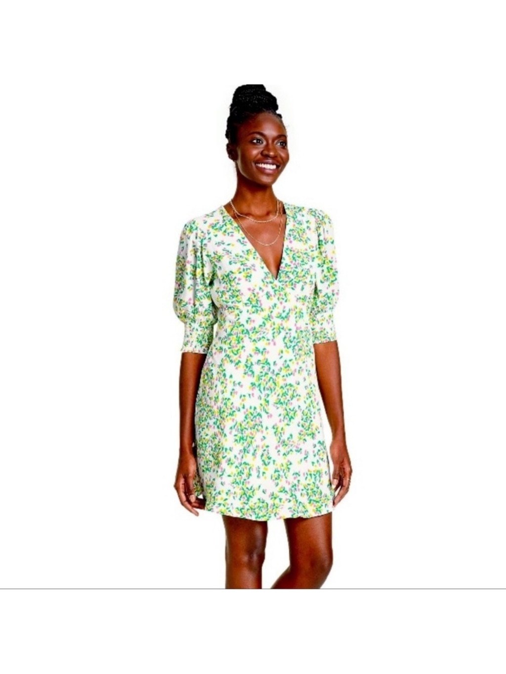 RIXO for Target Floral Puff Sleeve Mini Dress Cream Green Pink Size 0