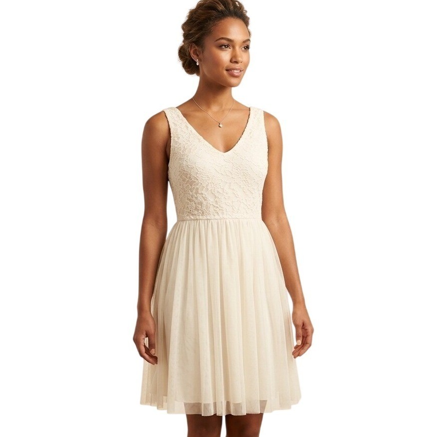 XXI Ivory Lace Tulle Cocktail Dress – Size Small V-Neck Party Dress