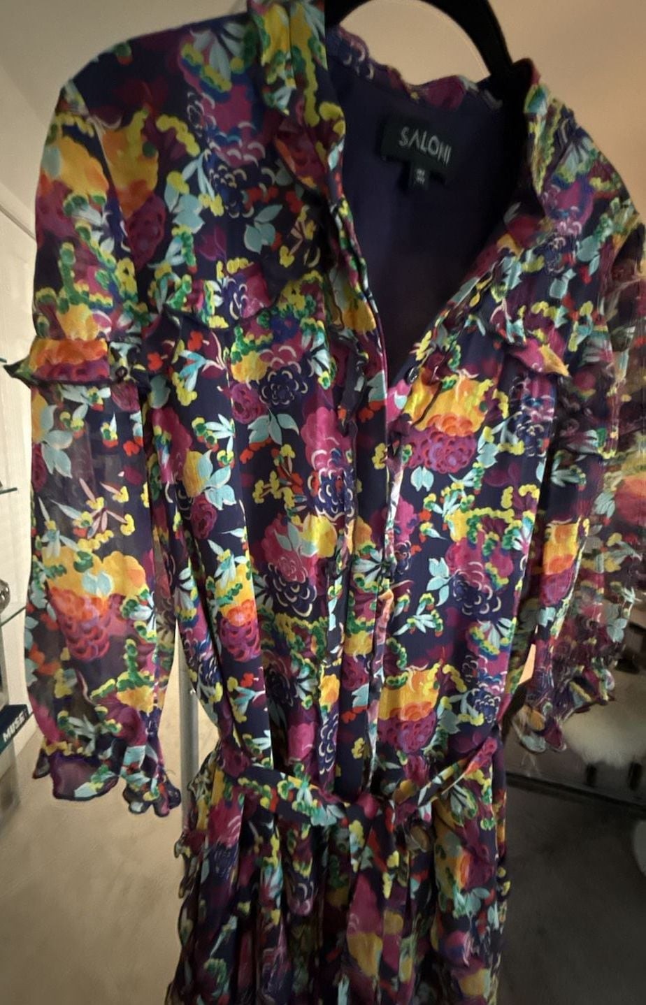 Saloni Floral Printed Silk Ruffle Mini Dress with Waist Tie US 2