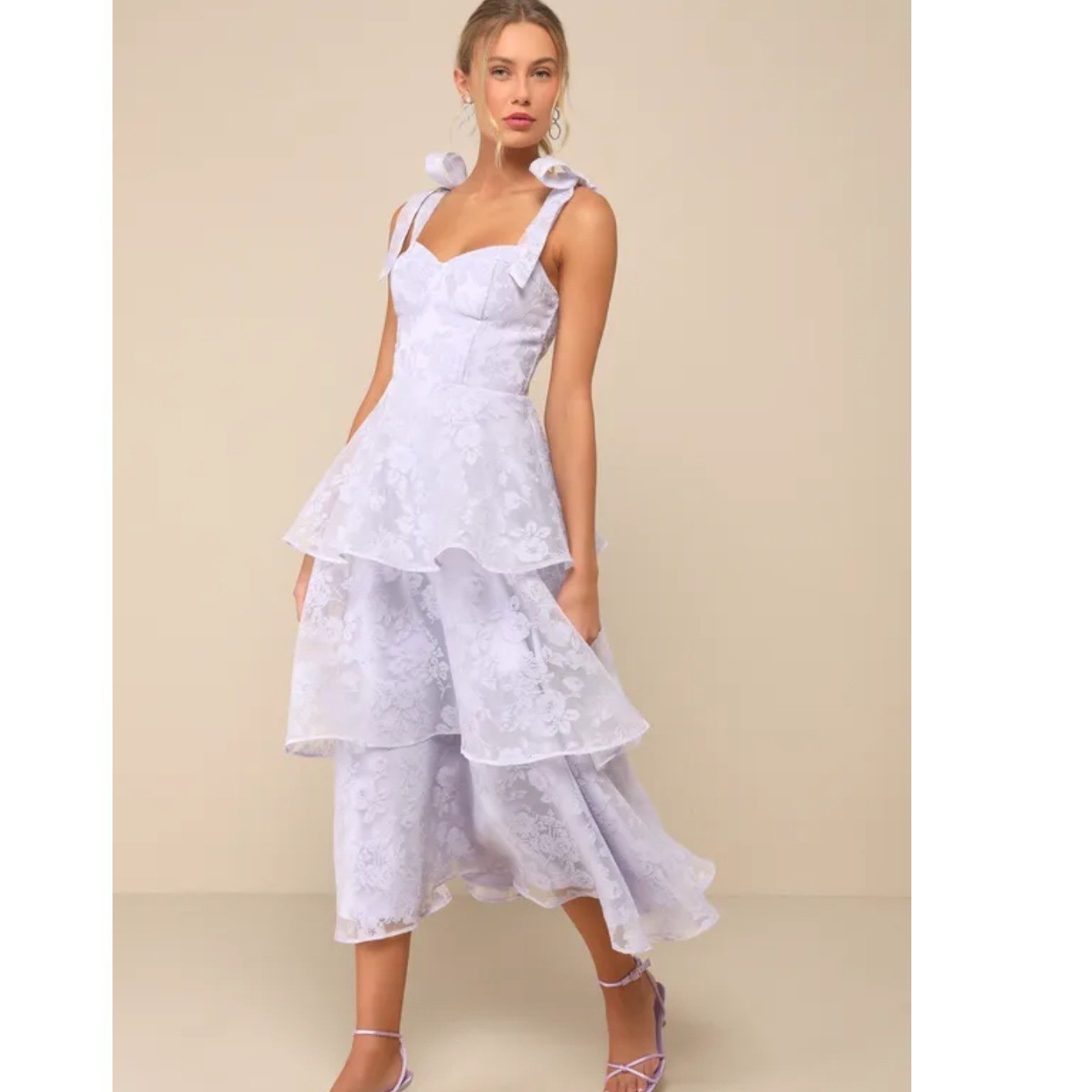 Lulus Glamorous Sweetie Lavender Burnout Tie-Strap Bustier Tiered Midi Dress XS