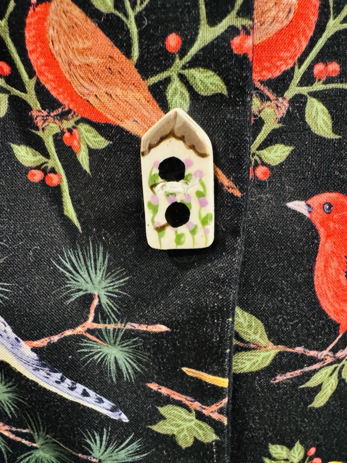 Worldly Designs Bird Print Cotton Midi Dress Small Made USA Hand Painted Buttons