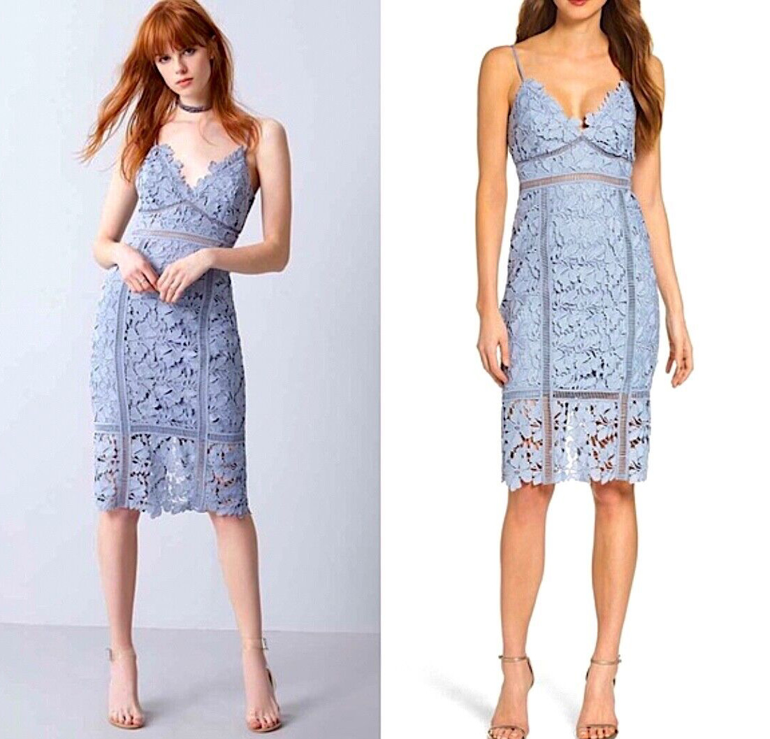 BARDOT Botanica Lace Sheath Dress Women’s Size 8 Cutout Back Blue REVOLVE