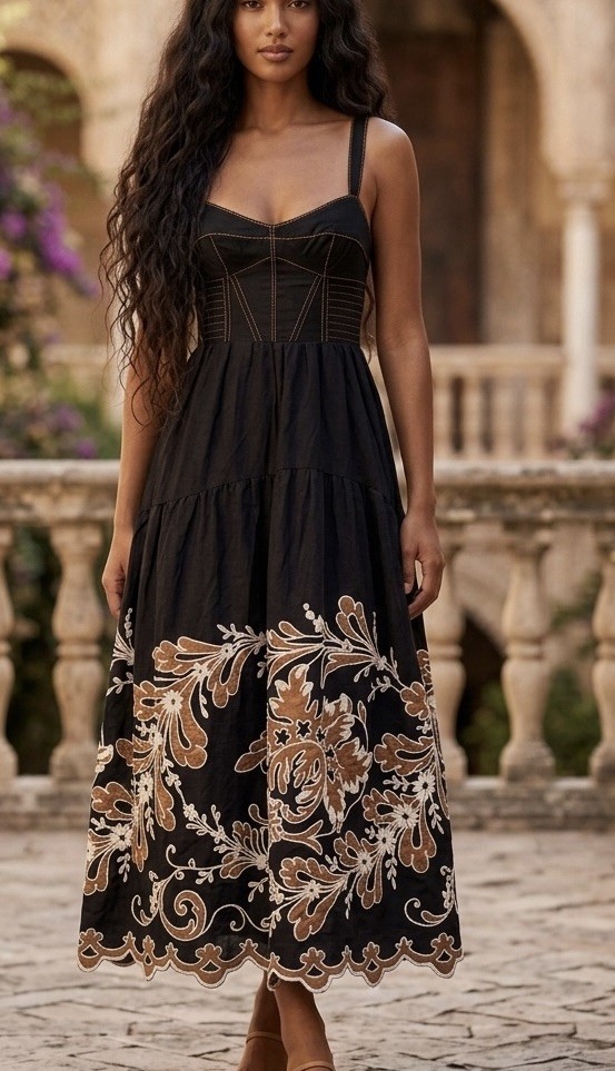 Anthropologie Black Appliqué Midi Maxi Dress with Tan Floral Embroidery size XXS