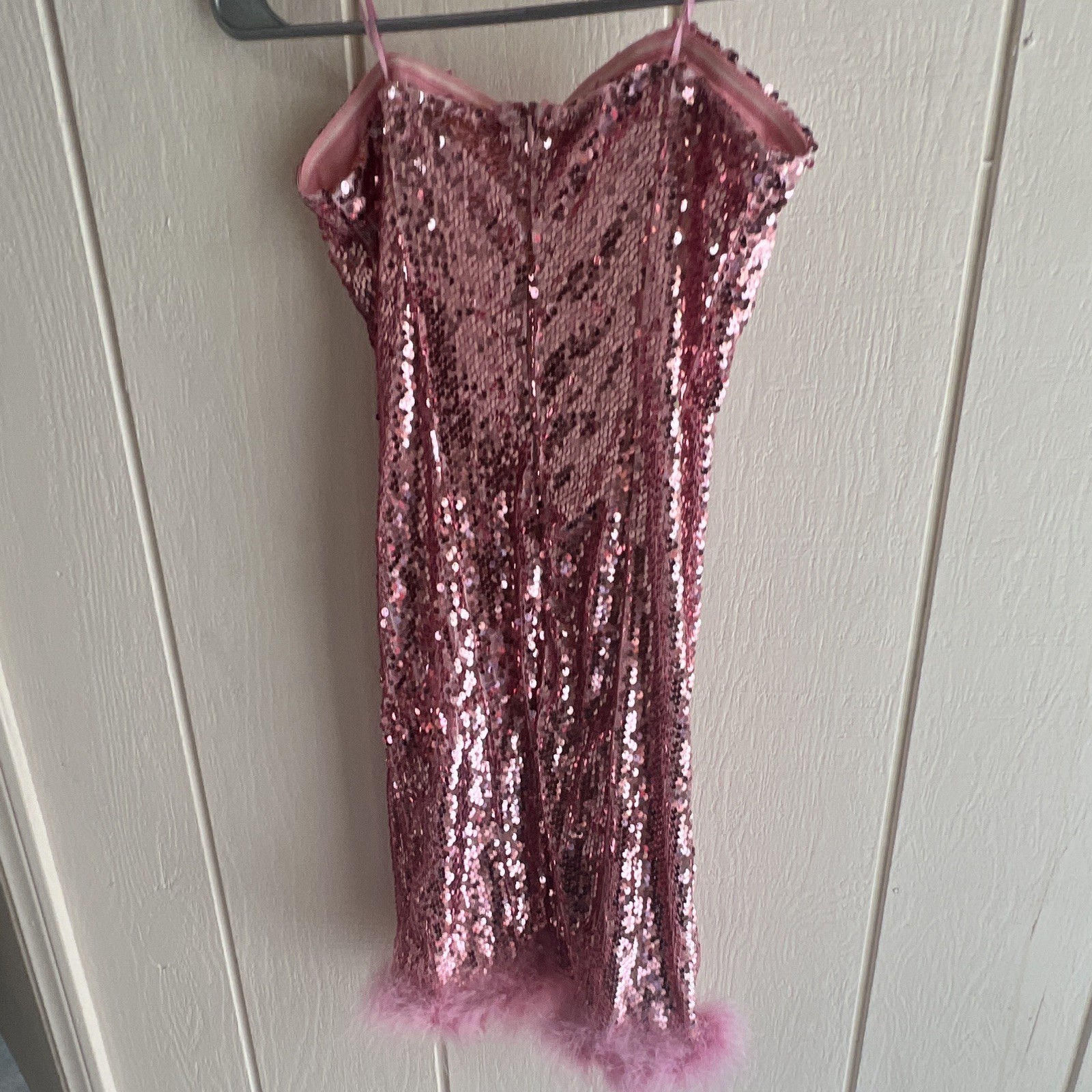 Kouture Marchi Pink Sequin Feather Hem Sweetheart Bodycon Mini Dress, M