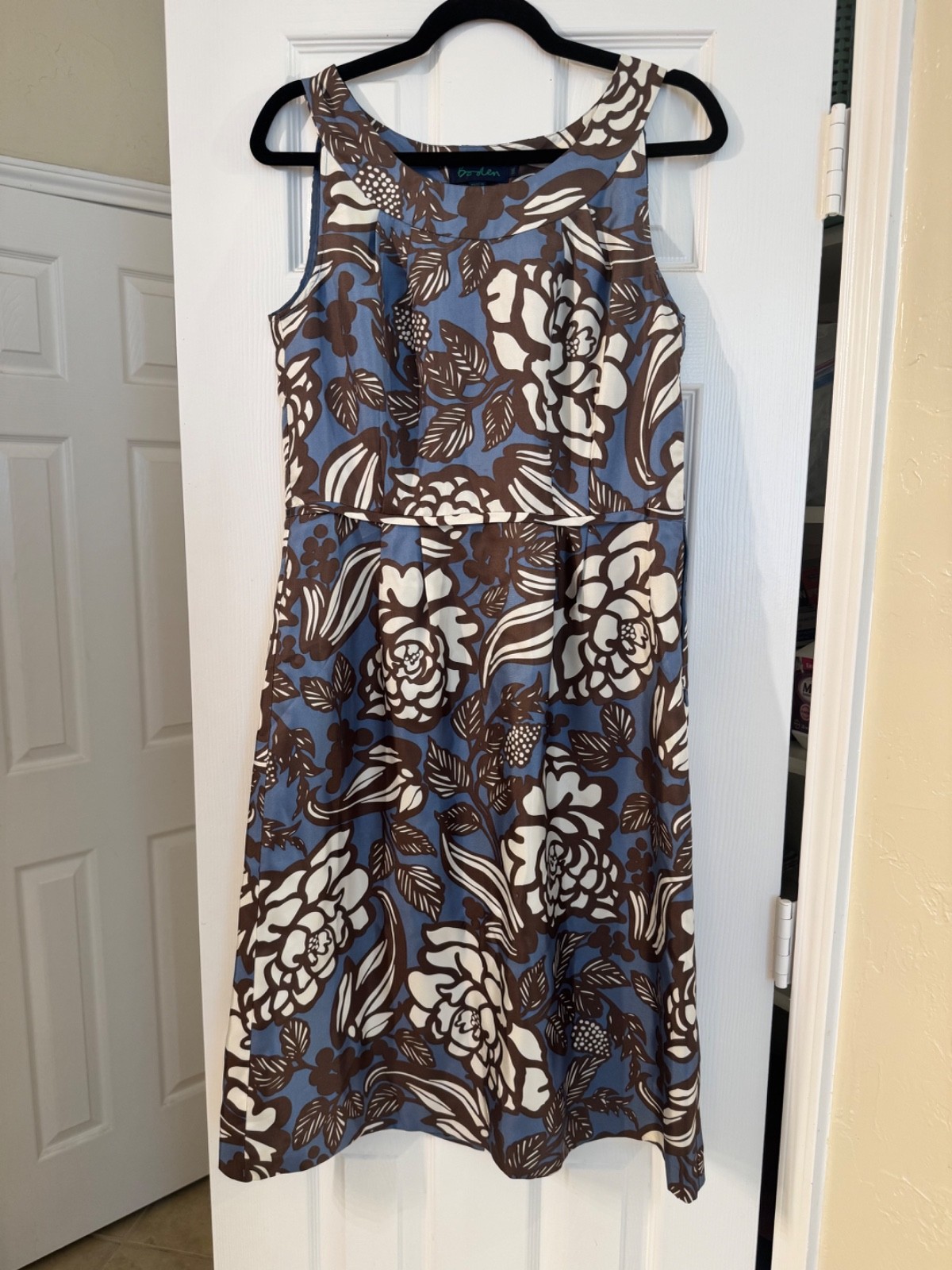 Boden Silk Sleeveless Women Dress 14L Blue Floral print Pleated A-Line Skirt