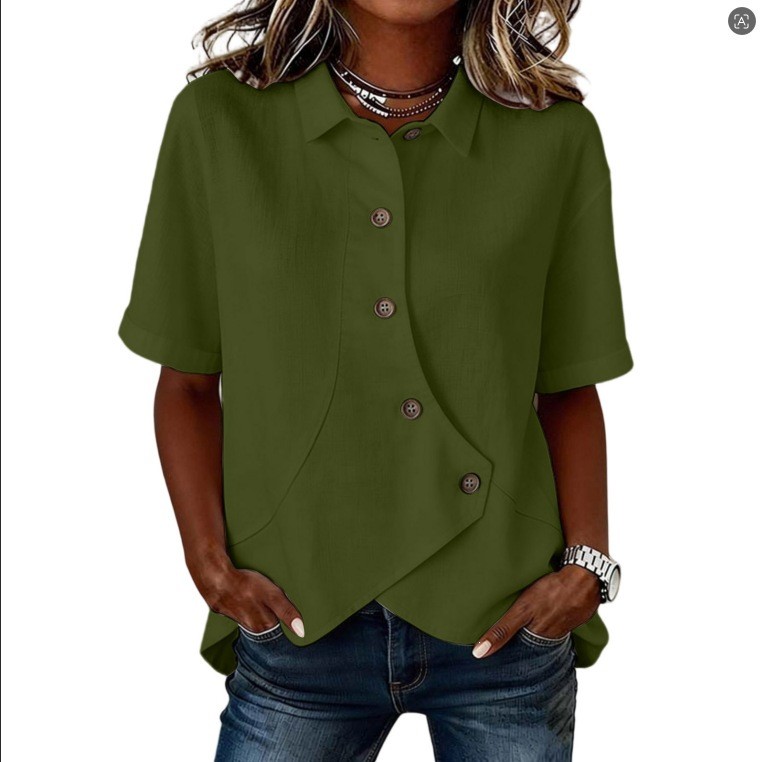 Womens Casual Solid-color Irregular-button Blouse Loose-fit Short Sleeves