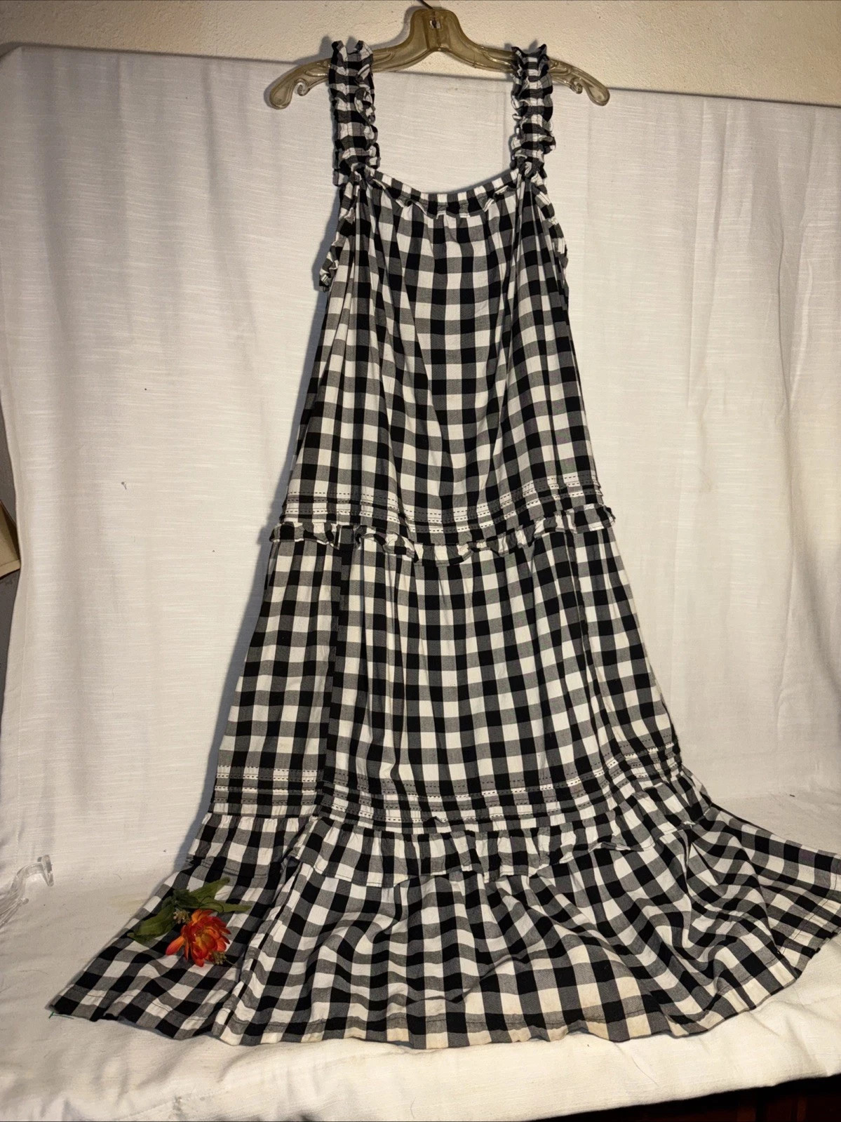 Casual Black & White Check Gingham Maxi Dress Ruffle Long Dress M-L-XL-XXL